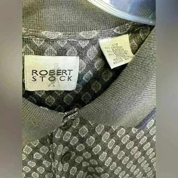 Robert Stock Men's Size L two tone Gray Diamond Square print short‎ sleeve polo - Picture 2 of 3
